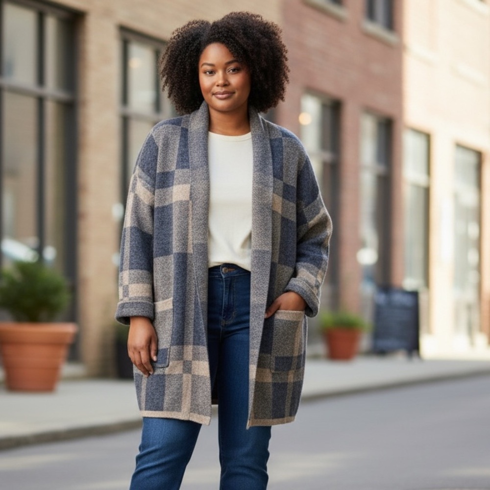 Preswick & Moore Cardigan Blue & Tan Plaid open Front Pockets in‎ Size L  NWT